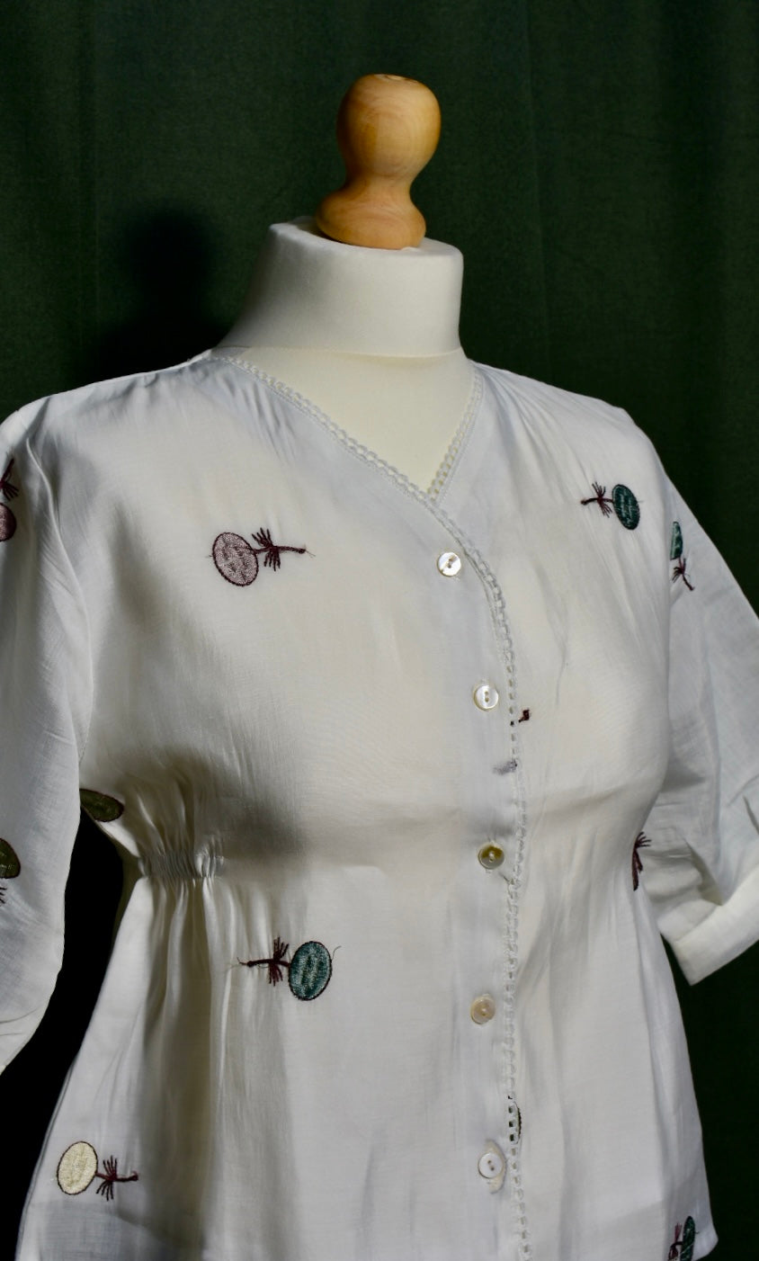 White Floral Embroidered Button-Down Top with Elastic Sides