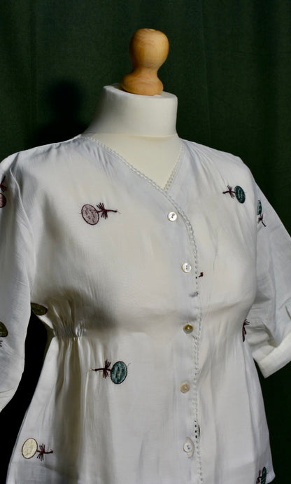 White Floral Embroidered Button-Down Top with Elastic Sides