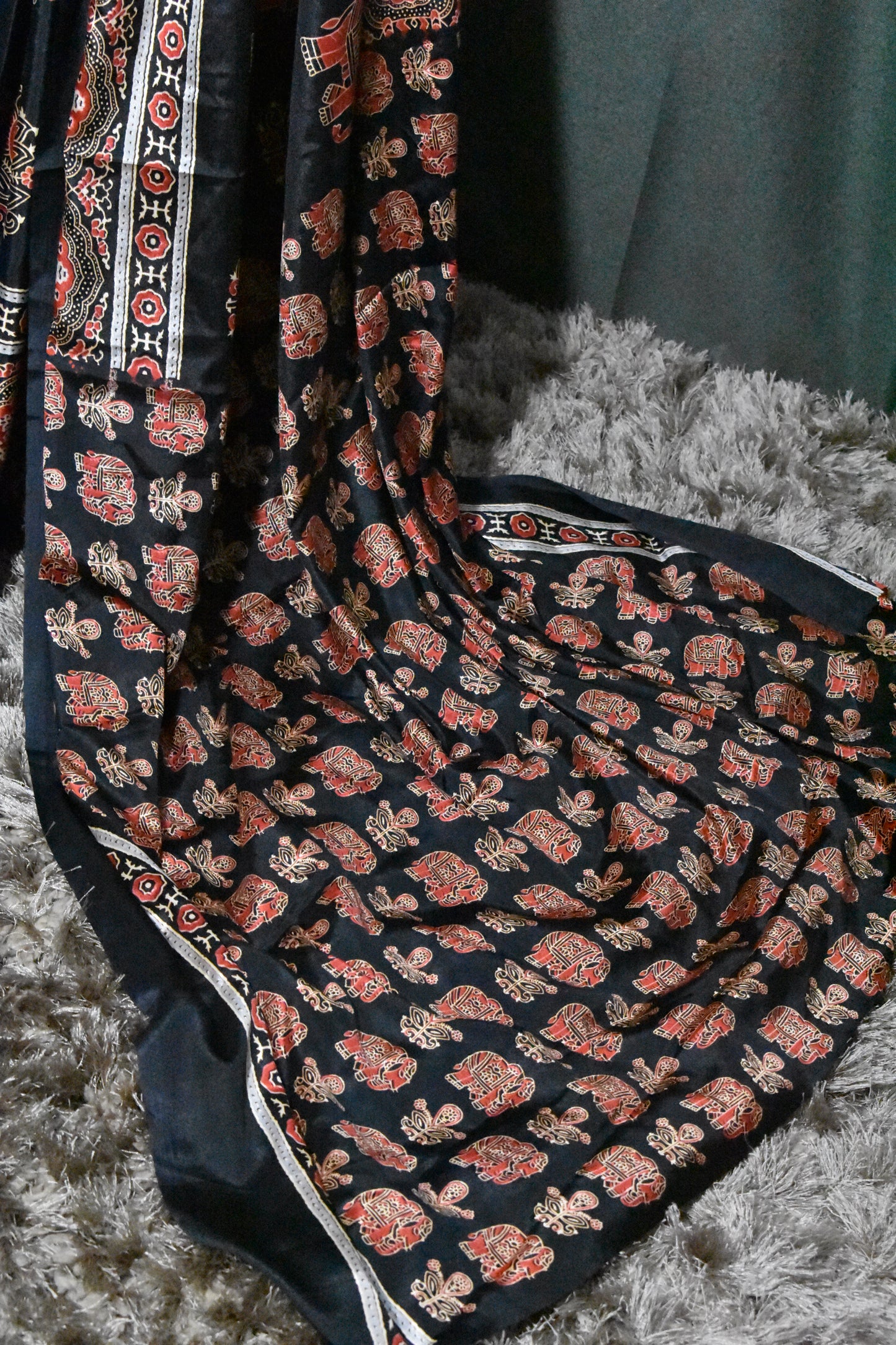 Black New Ajrakh Gajji Crepe Silk Saree
