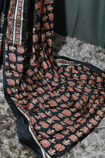 Black New Ajrakh Gajji Crepe Silk Saree