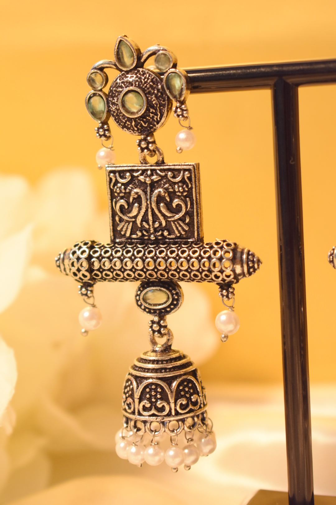 Silver Dangle Earrings with Stone Work