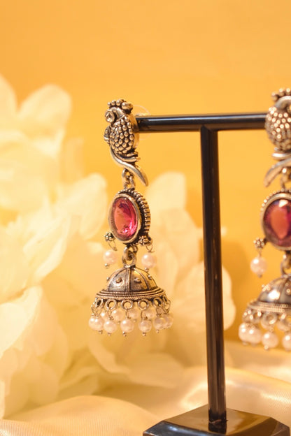 Peacock Silver-Tone Dangle Earrings with Purple Stone
