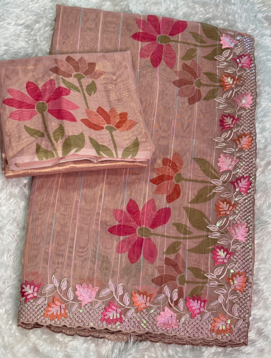 Pink Glass Tissue Organza Saree