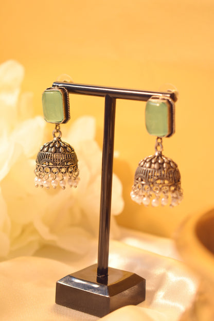 Mint Stone Silver-Tone Jhumka