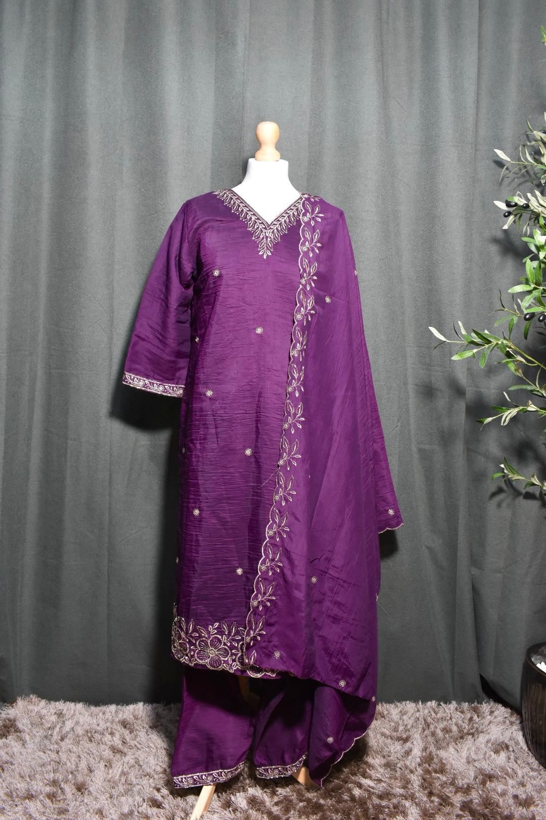 Purple Embroidered V-Neck Churidar Set with Shawl