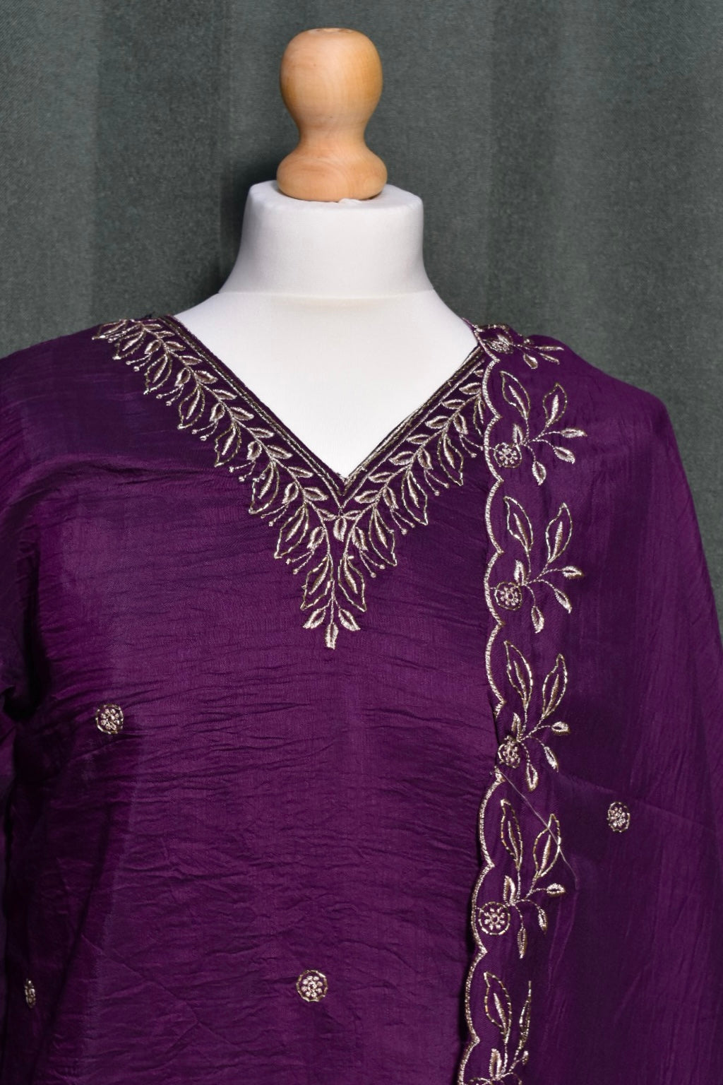 Purple Embroidered V-Neck Churidar Set with Shawl