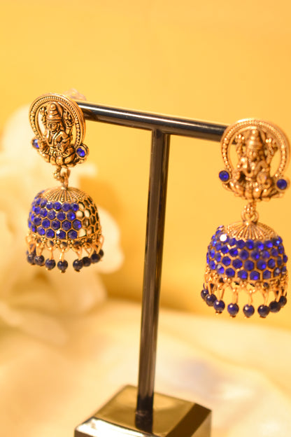 Gold Lakshmi Jhumka with Blue Stone