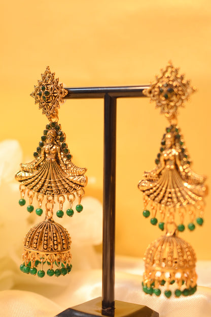 Gold Dangle Earrings with Green Detailing