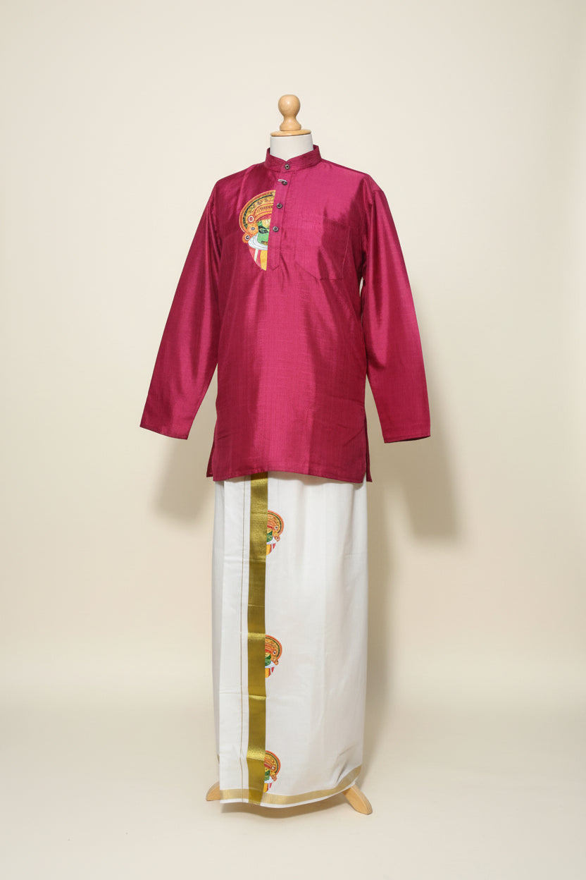 Pink Kathakali Print Onam Kurta Set