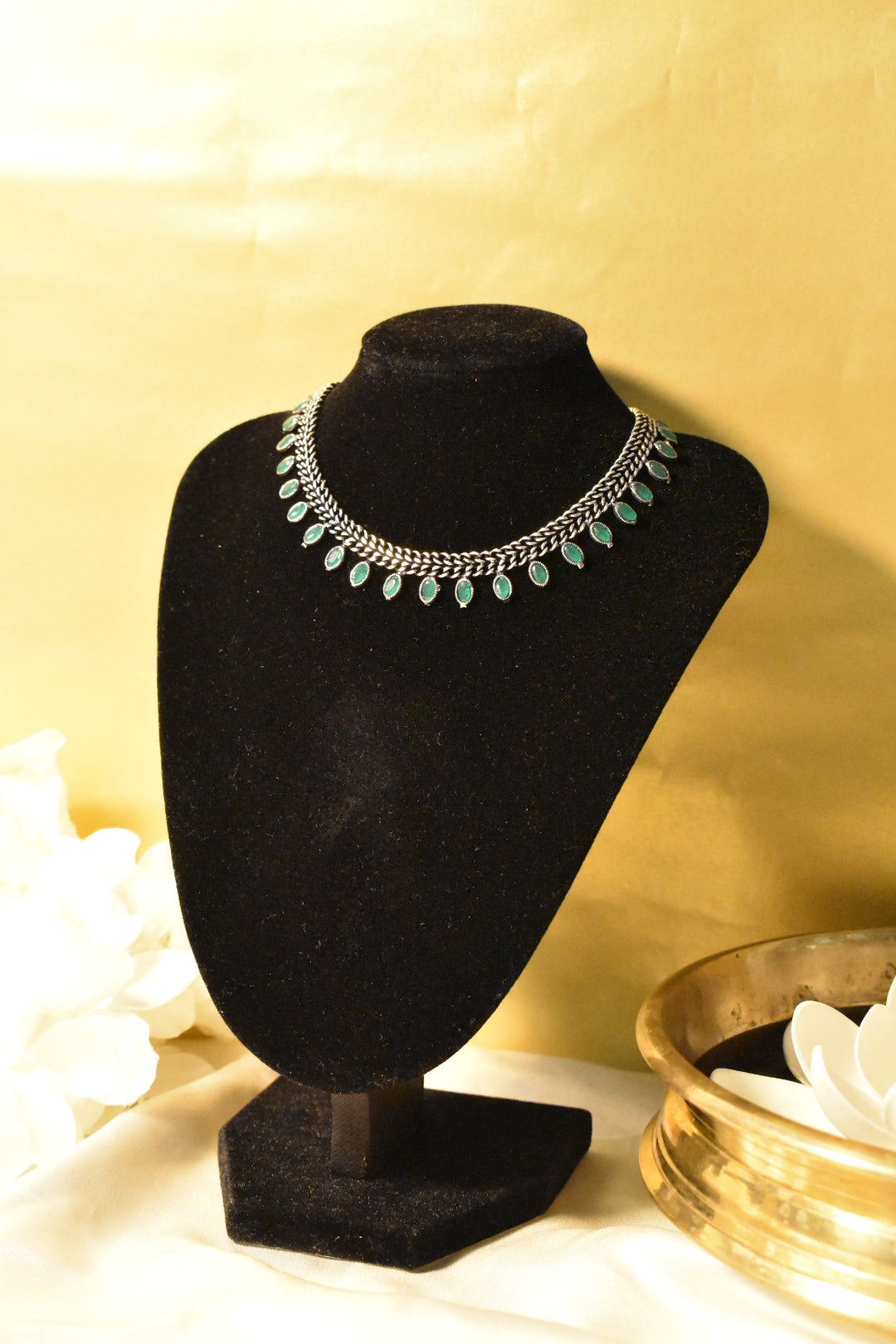 Silver Oxidised Necklace with Mint Green Stones