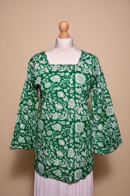 Green Long Sleeve Square Neck Corset Top