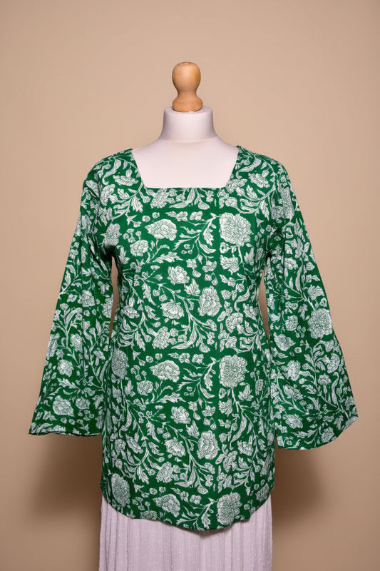 Green Long Sleeve Square Neck Corset Top