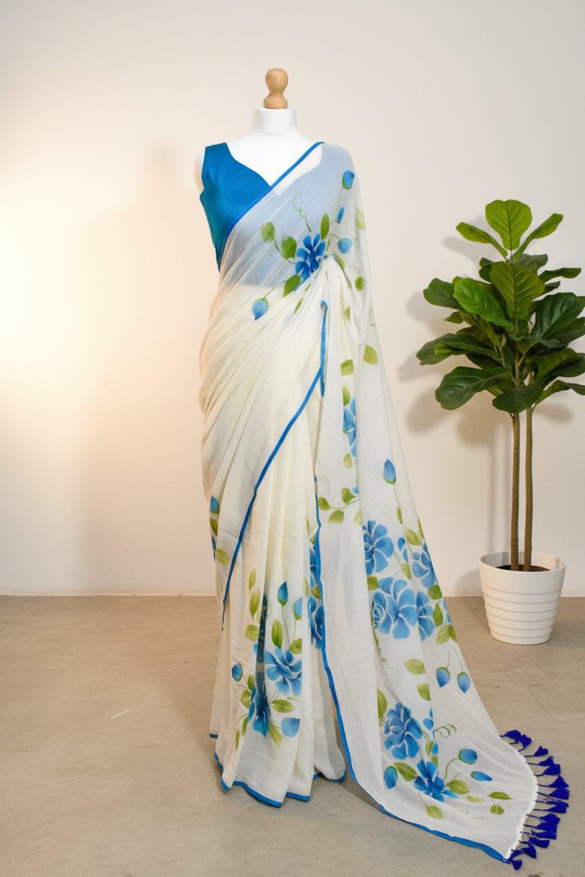 Blue Floral Mul Cotton Saree
