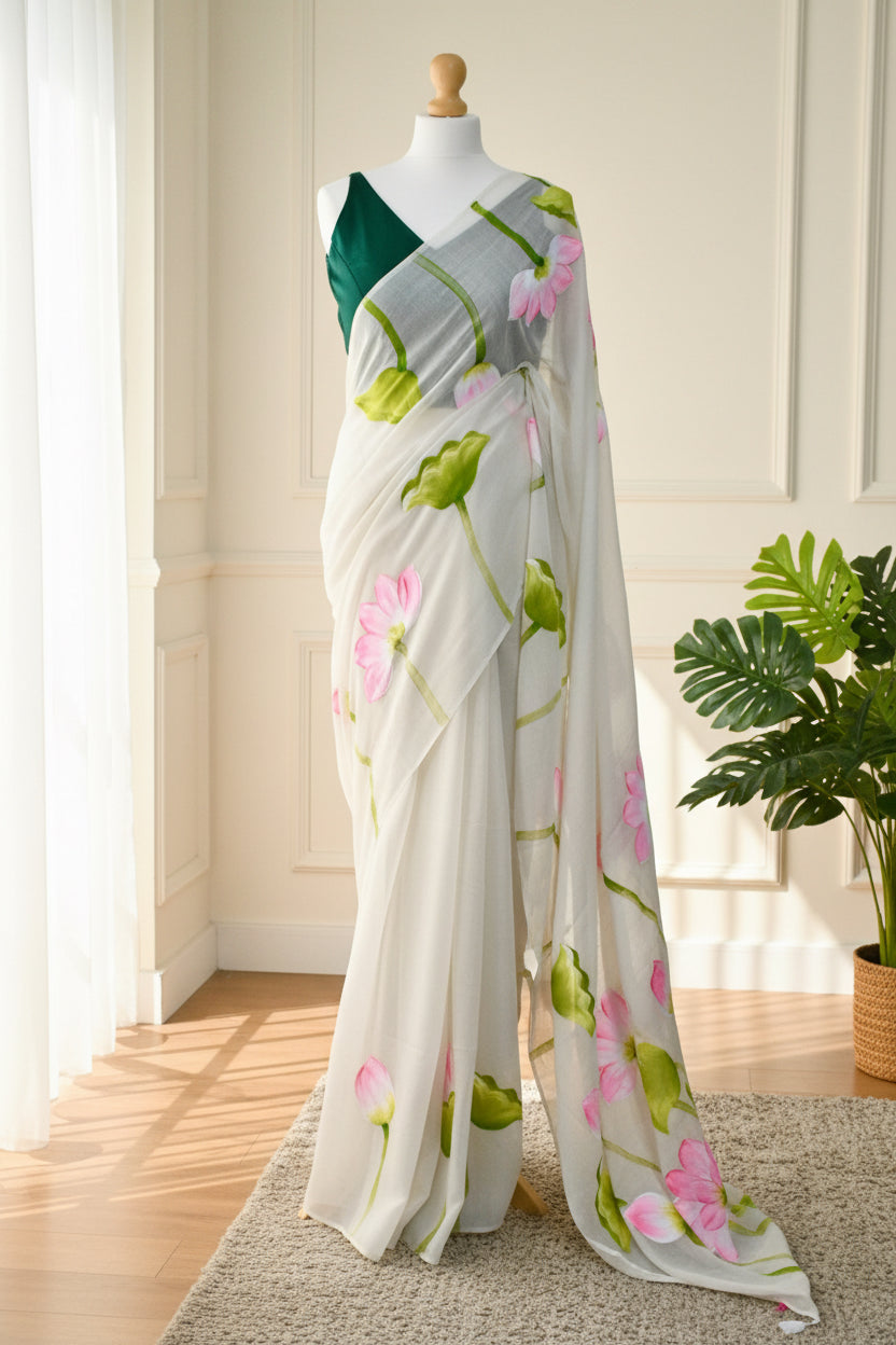 Hand-Painted Pink Lotus Mul Cotton Saree
