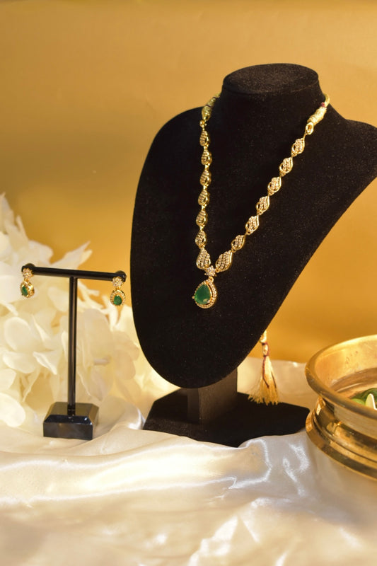 Emerald Colour Stone and Diamond  Necklace Set