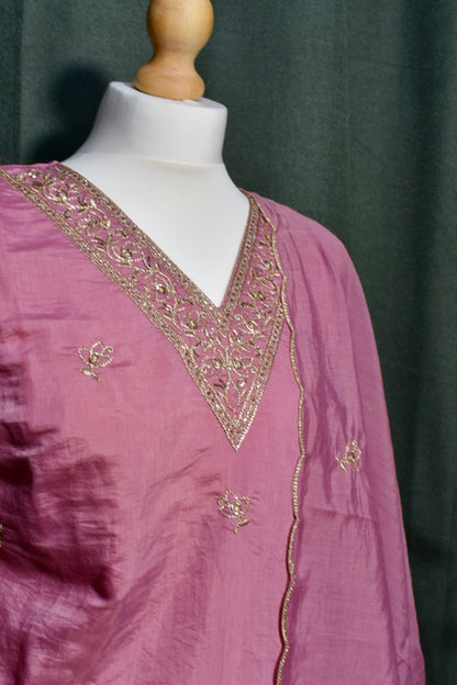 Pink Embroidered V-Neck Churidar Set with Shawl