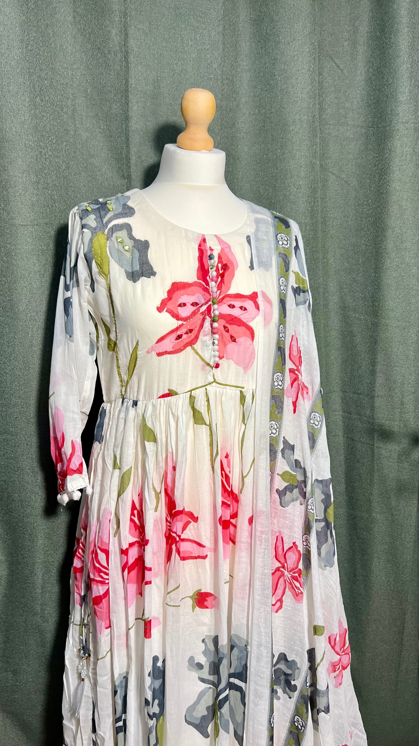 Elegant Mul Cotton Embroidered Dress with Shawl