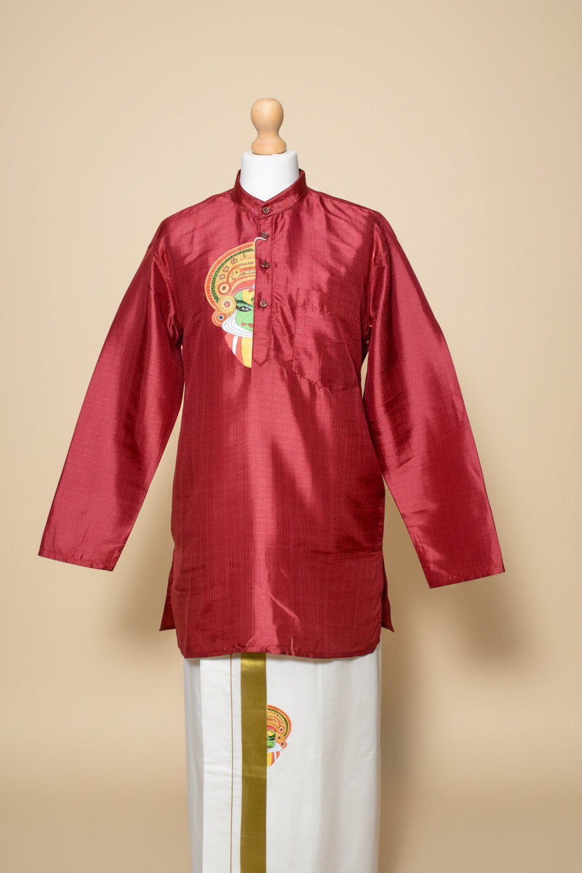 Red Kathakali Print Onam Kurta Set