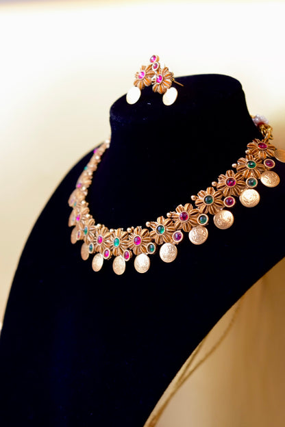 Green & Pink Floral Necklace Set