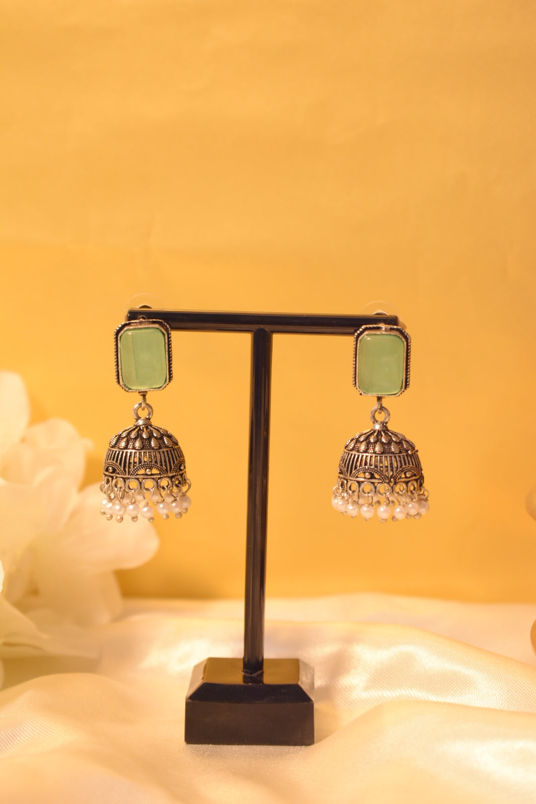 Mint Stone Silver-Tone Jhumka