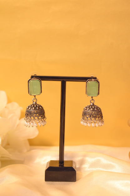 Mint Stone Silver-Tone Jhumka