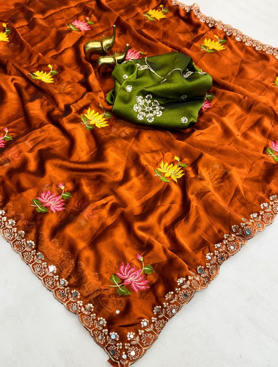 Soft Rangoli Silk Embroidered Saree with Mirror Work & Cutwork Border