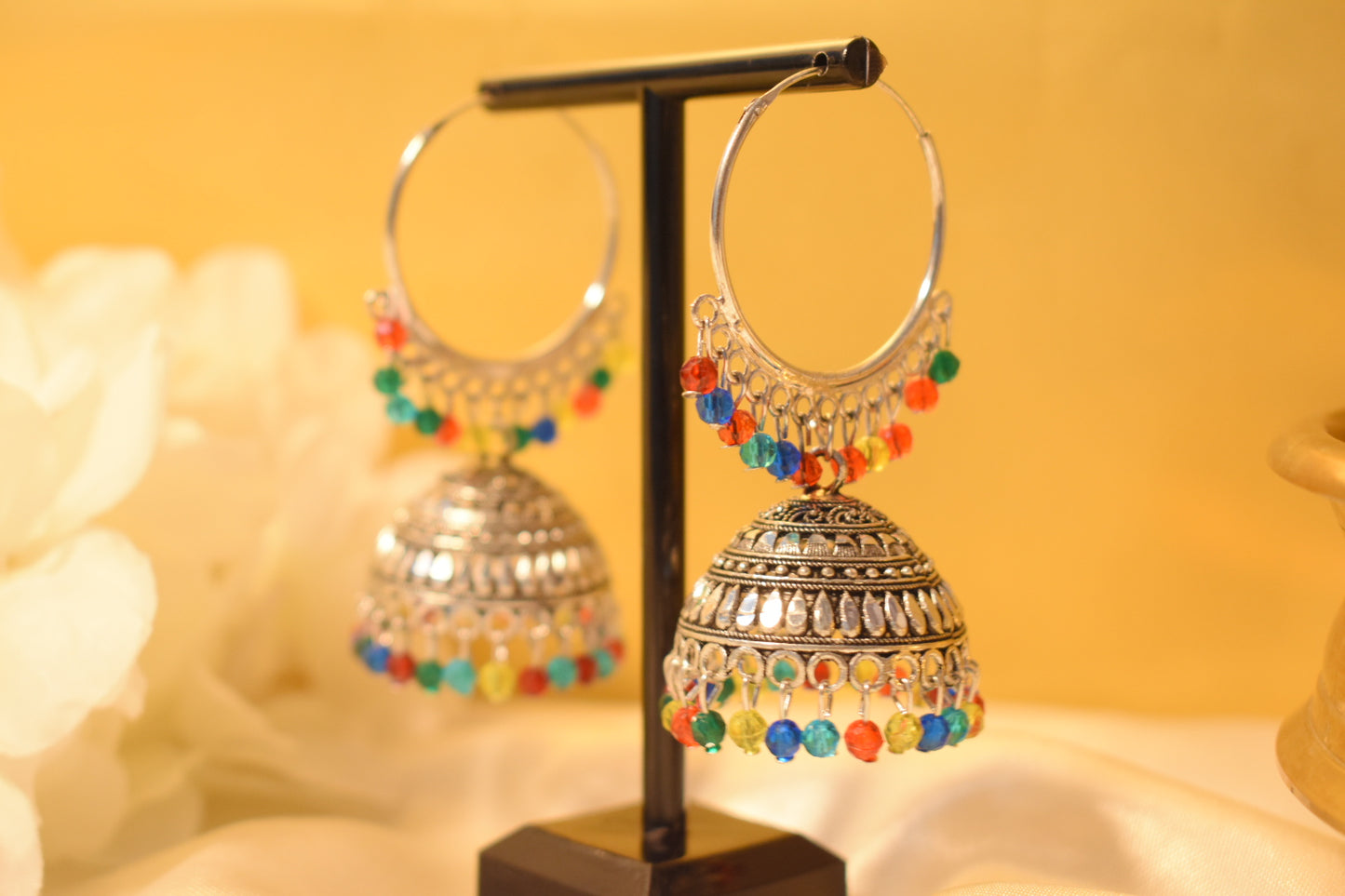Rainbow Stone Silver-Tone Hoop Jhumka