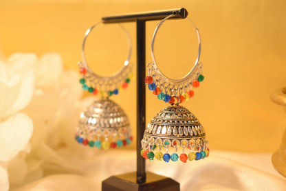Rainbow Stone Silver-Tone Hoop Jhumka