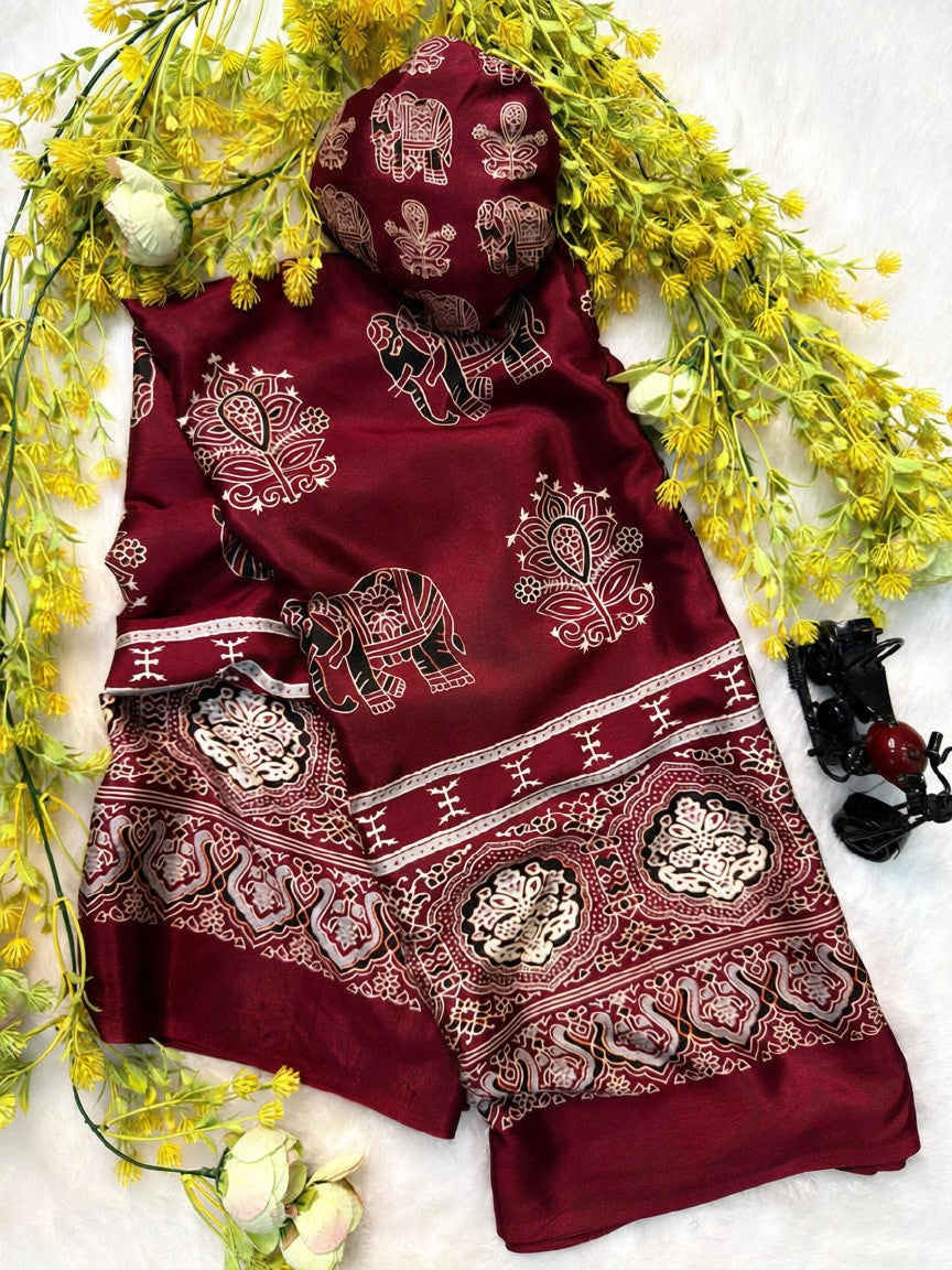 Red New Ajrakh Gajji Crepe Silk Saree