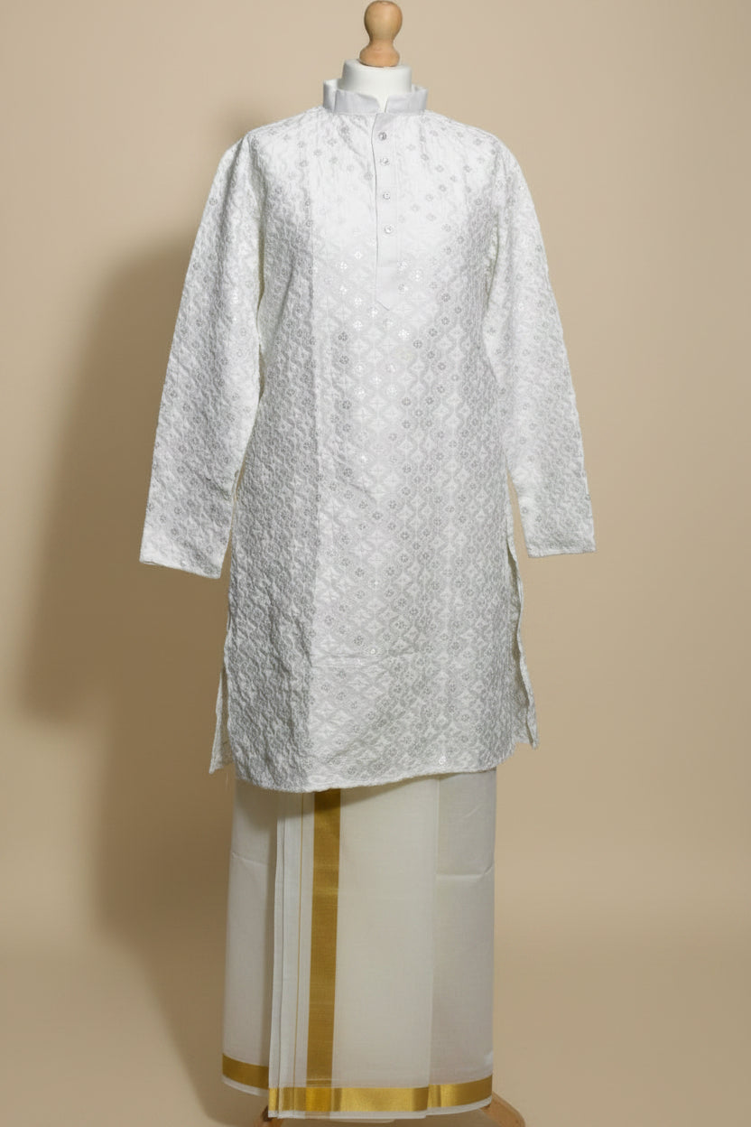Men’s White Embroidered Silk Kurta Set