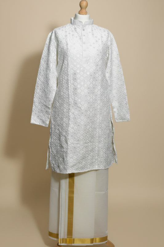 Men’s White Embroidered Silk Kurta Set