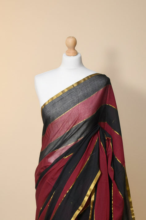 Red & Black Striped Mul Cotton Saree