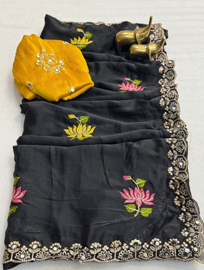 Black Soft Rangoli Silk Embroidered Saree with Mirror Work & Cutwork Border