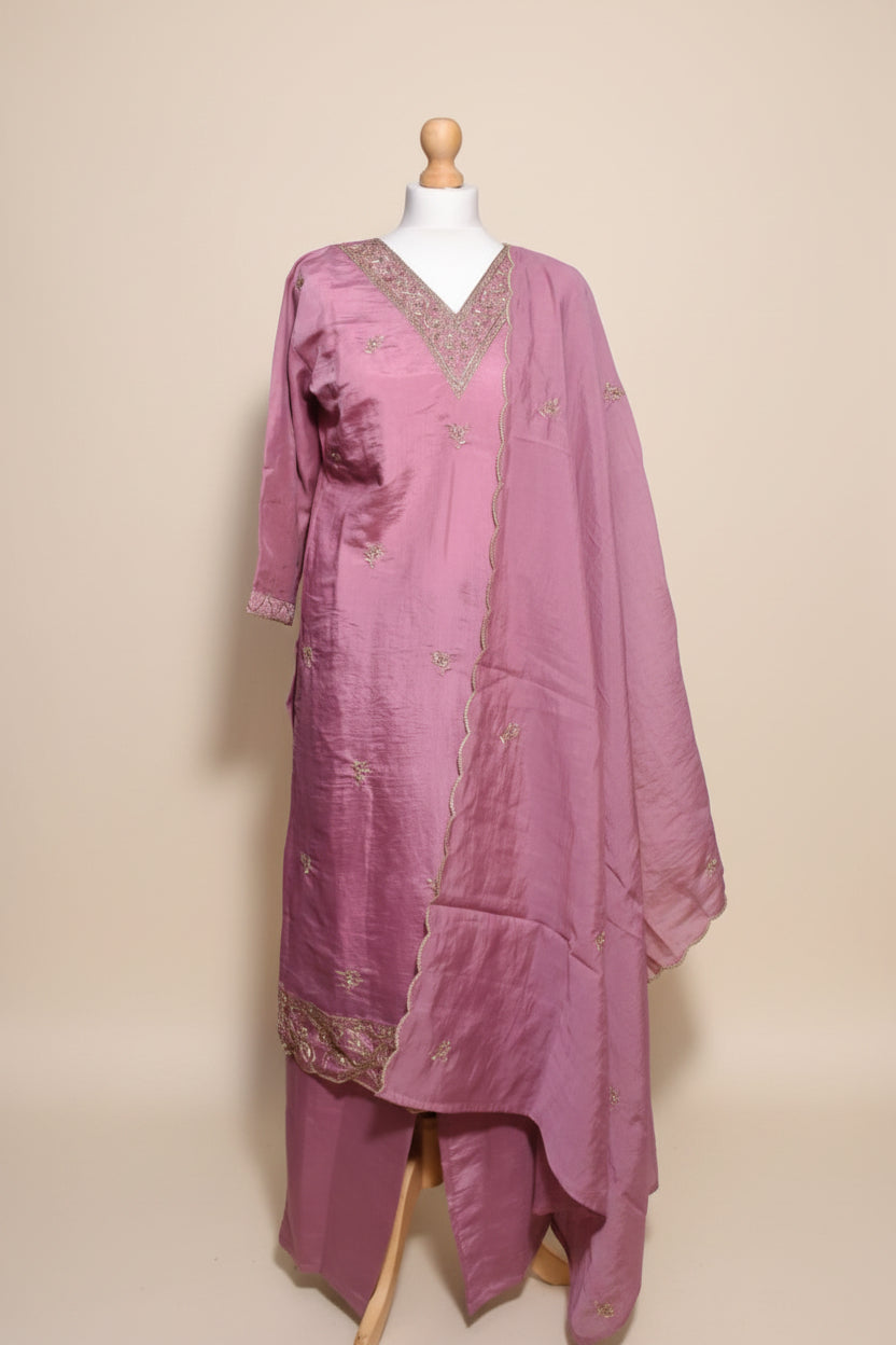 Pink Embroidered V-Neck Churidar Set with Shawl