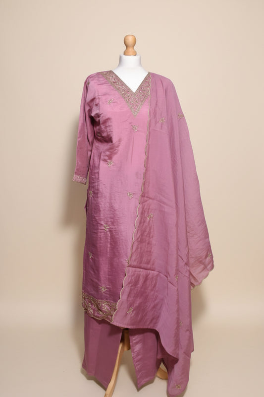 Pink Embroidered V-Neck Churidar Set with Shawl