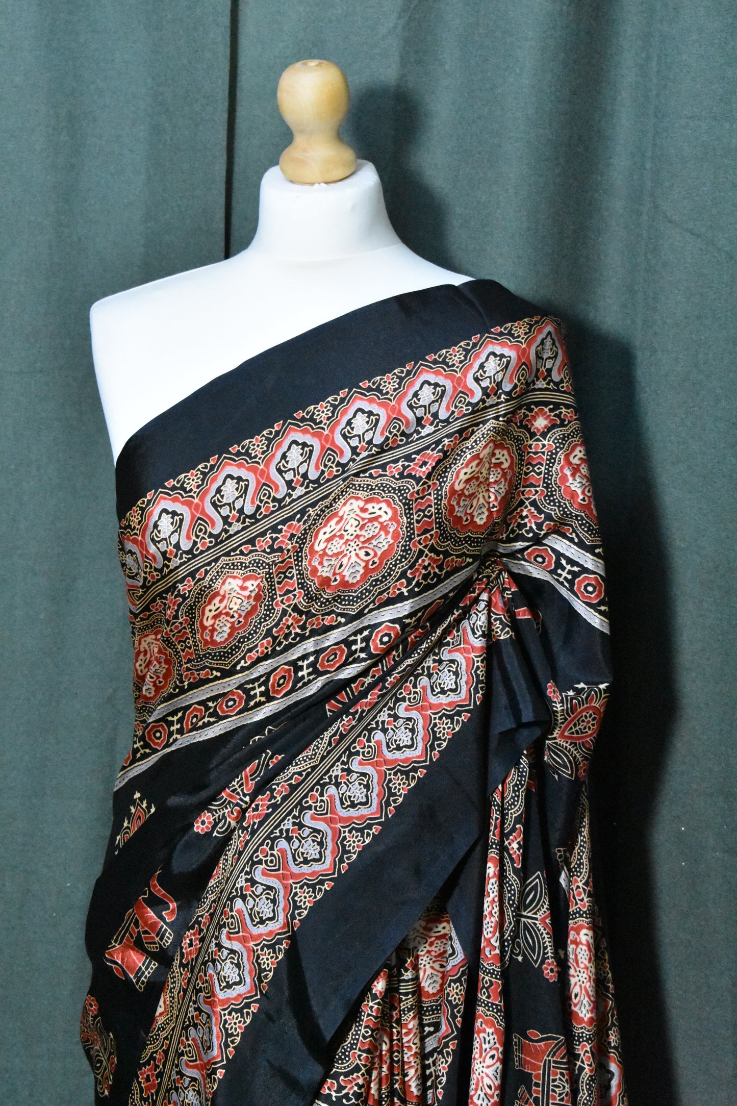 Black New Ajrakh Gajji Crepe Silk Saree