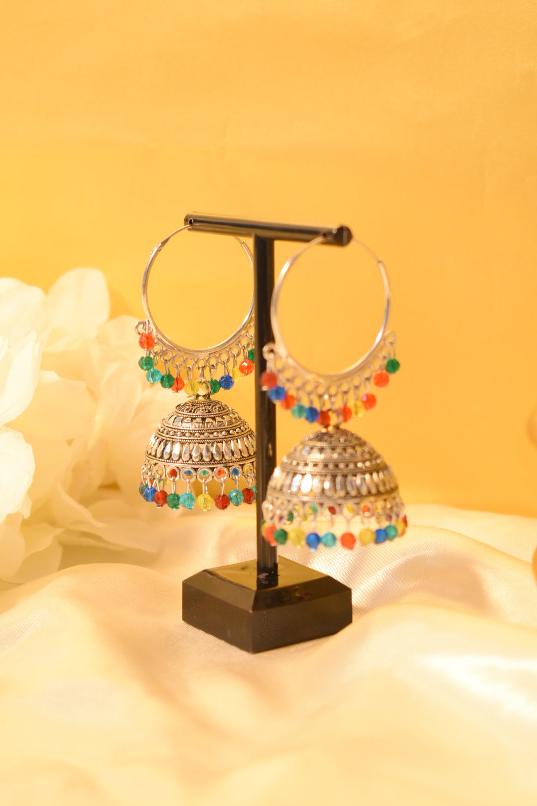 Rainbow Stone Silver-Tone Hoop Jhumka