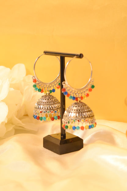 Rainbow Stone Silver-Tone Hoop Jhumka