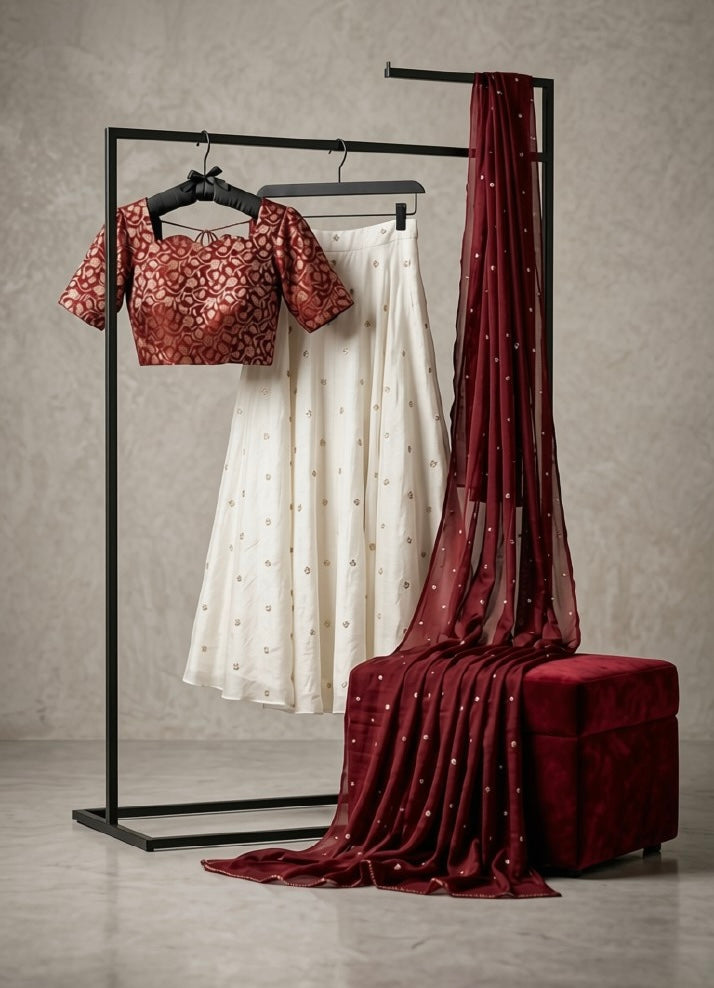Elegant Red Blouse & White Skirt Lehenga Set