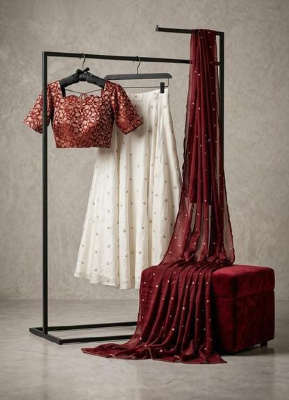 Elegant Red Blouse & White Skirt Lehenga Set