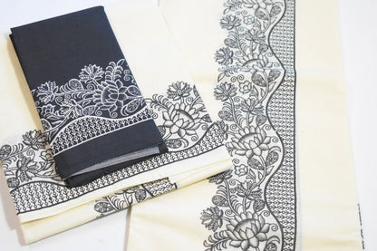 Black & White Floral Print Set Mundu