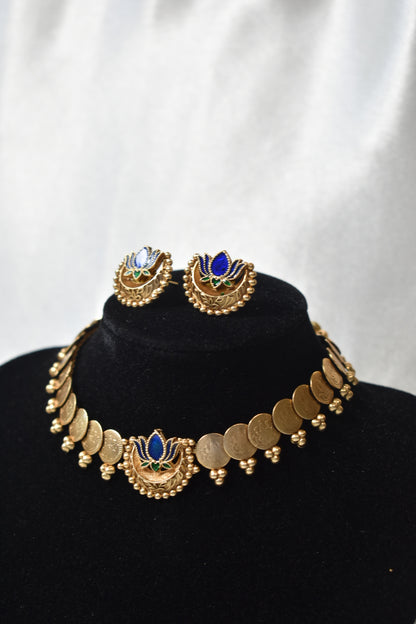 Blue Lotus Choker Necklace & Earring Set