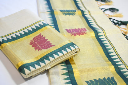 Lotus Tissue Set Mundu with Green & Gold Tassels