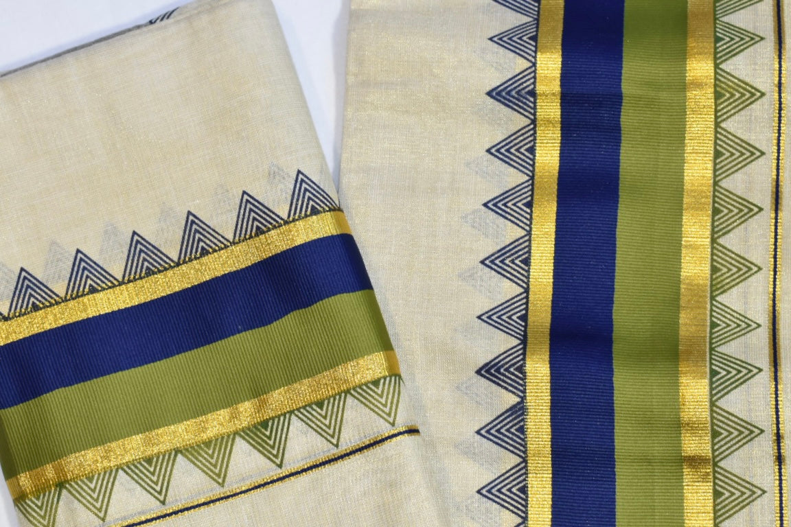 Green & Blue Pattern Tissue Set Mundu