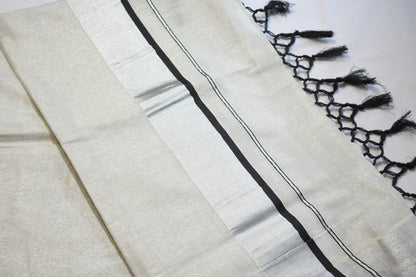 Silver & Black Stripe Tissue Onam Set Saree with Tassels
