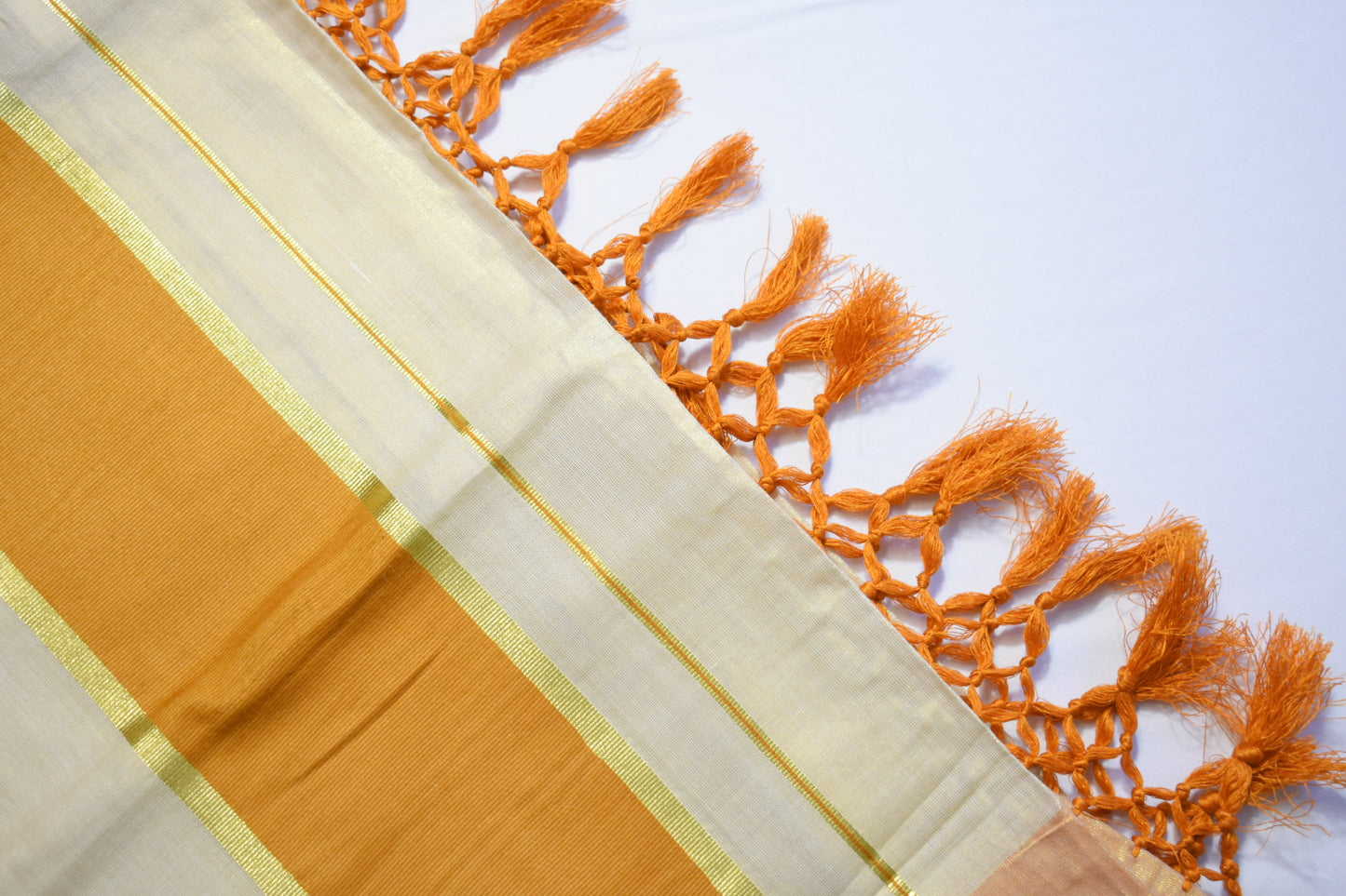 Orange & Gold Stripe Tissue Set Saree with Tassels