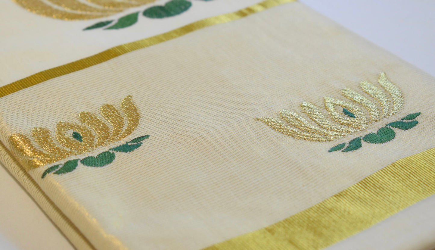 Gold Lotus Cotton Set Saree with Green Detailing
