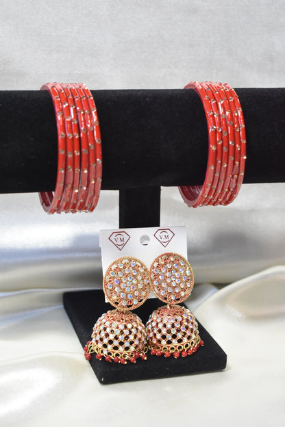 Red Glass Bangle and Matching Jhumka Set