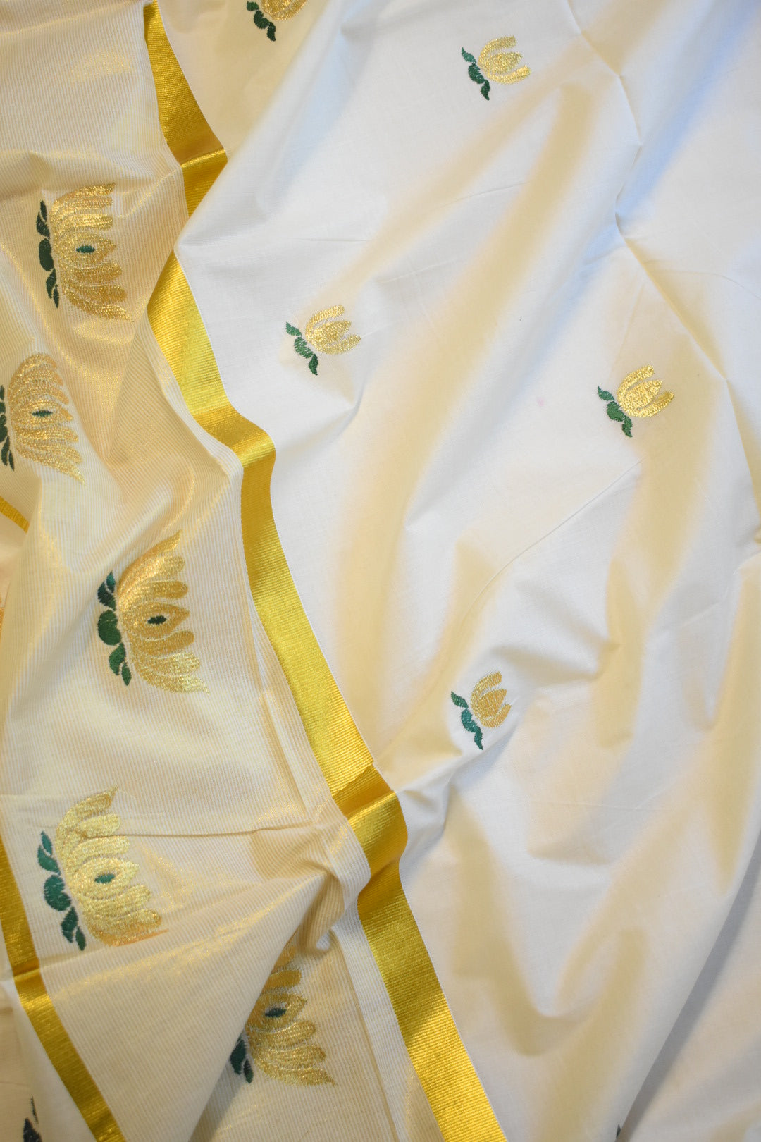 Gold Lotus Cotton Set Saree with Green Detailing