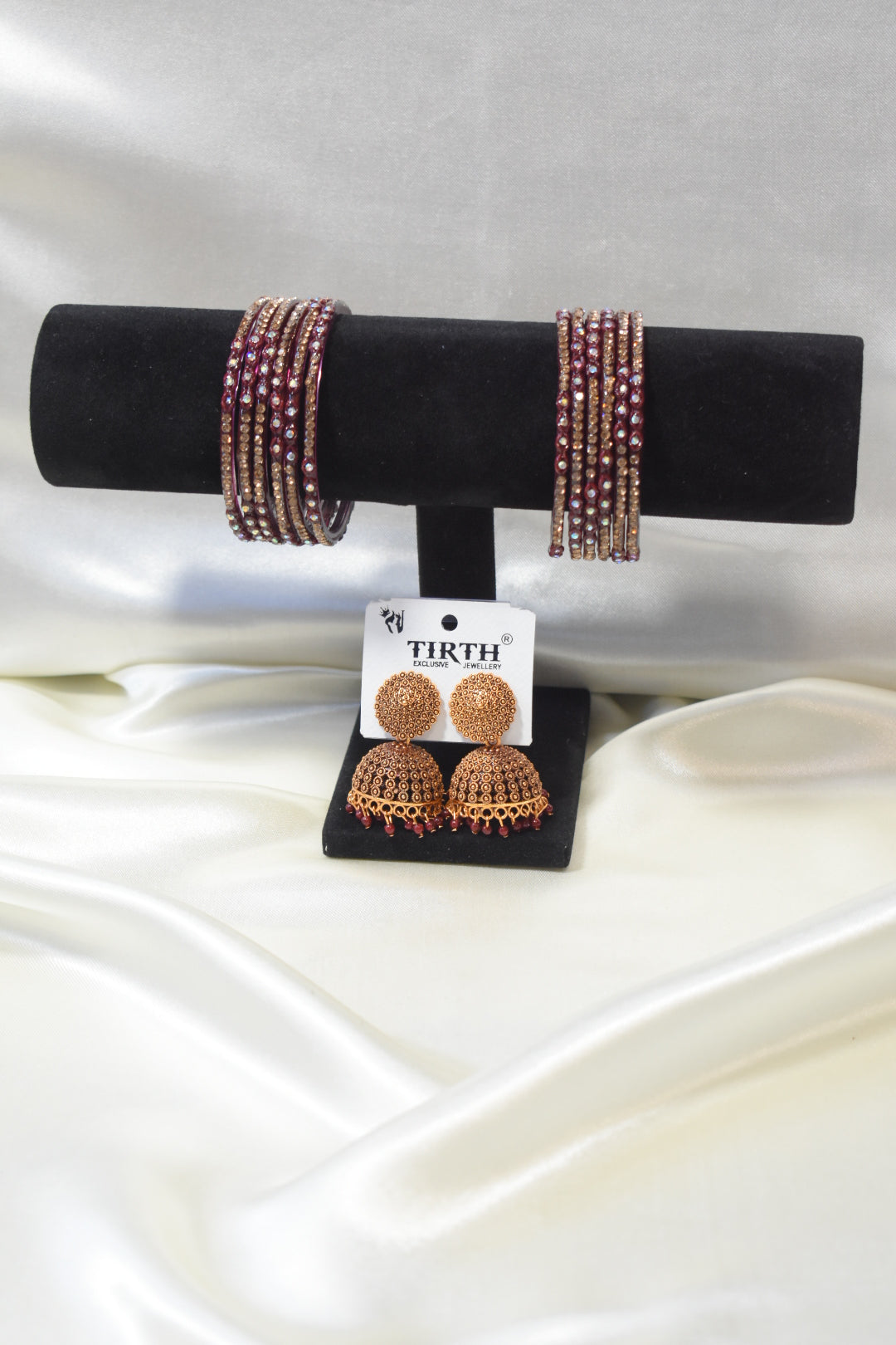 Burgundy Glass Bangle and Matching Jhumka Set